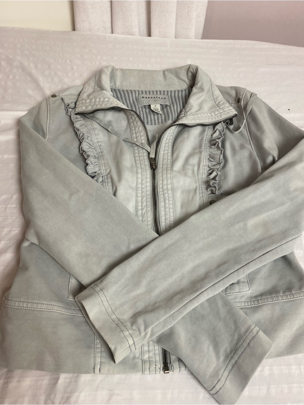 Anthropologie Light Gray Ruffle-Trim Zip Jacket - Picture 3 of 6